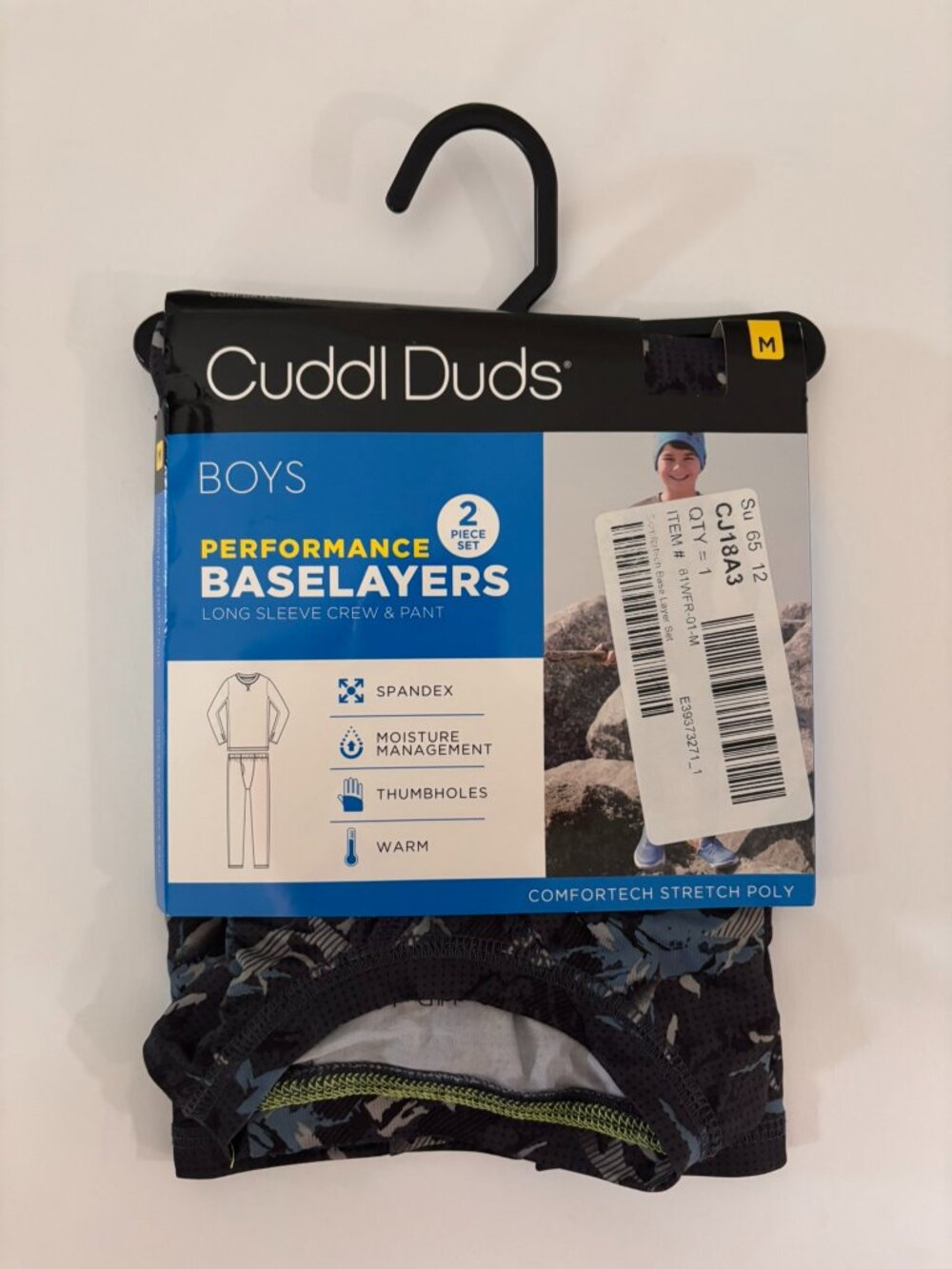 Cuddl Duds Boys Stretch Poly 2 pc. Long Sleeve Crew & Pant Set-Y MED-NEW